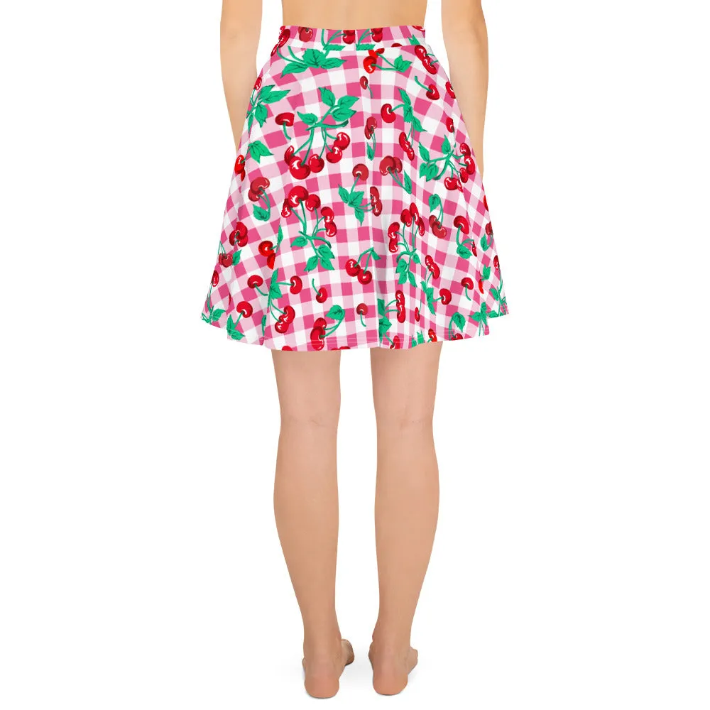 Frenchie Beach Coverup Swim Skater Skirt in Pink Gingham Cherry Girl | Pinup Couture Swim