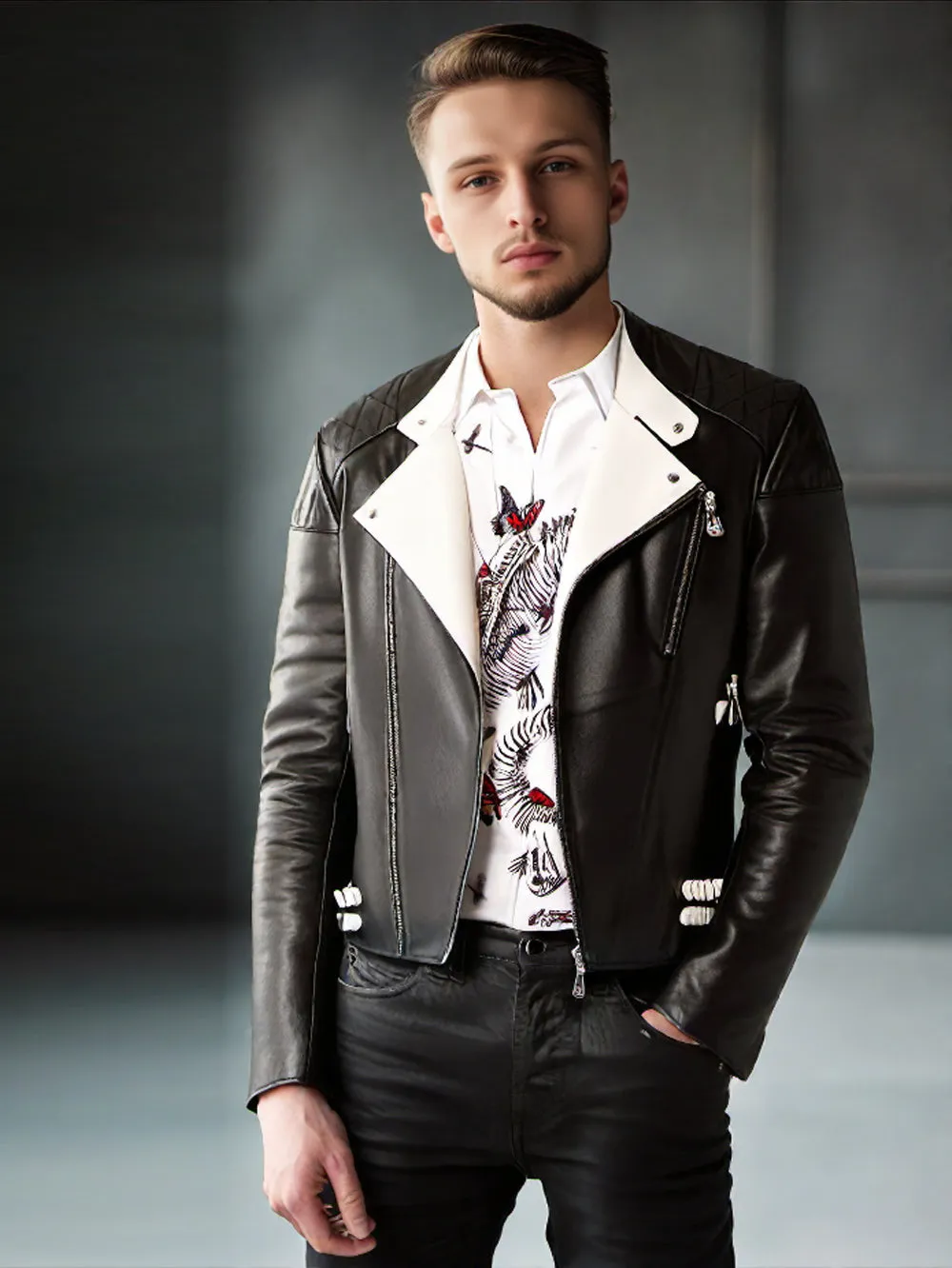 Genuine Leather Jacket with Contrast Accents for Men