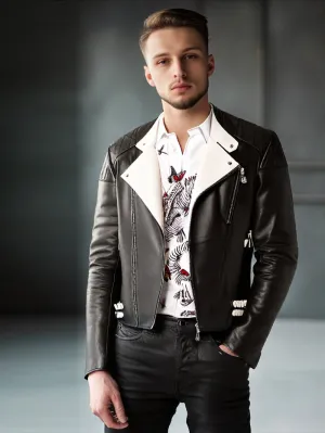 Genuine Leather Jacket with Contrast Accents for Men