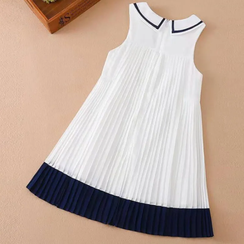 Girls Navy Style Flare Pleats Dress