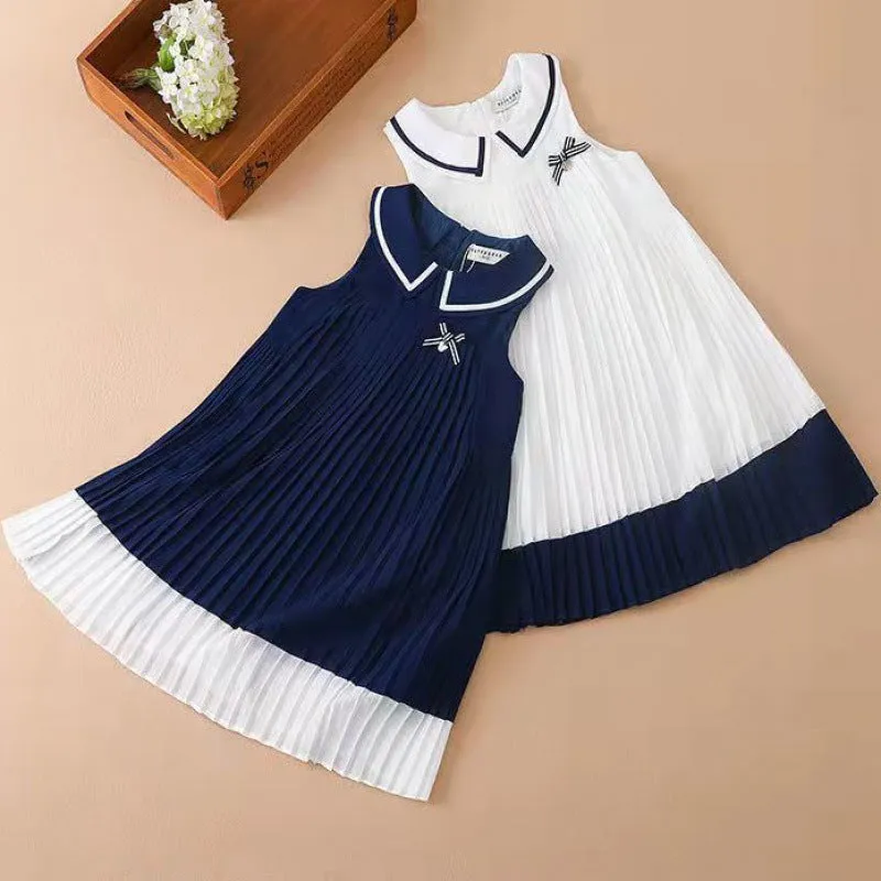 Girls Navy Style Flare Pleats Dress