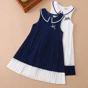 Girls Navy Style Flare Pleats Dress