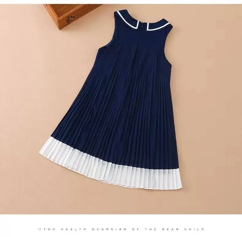 Girls Navy Style Flare Pleats Dress