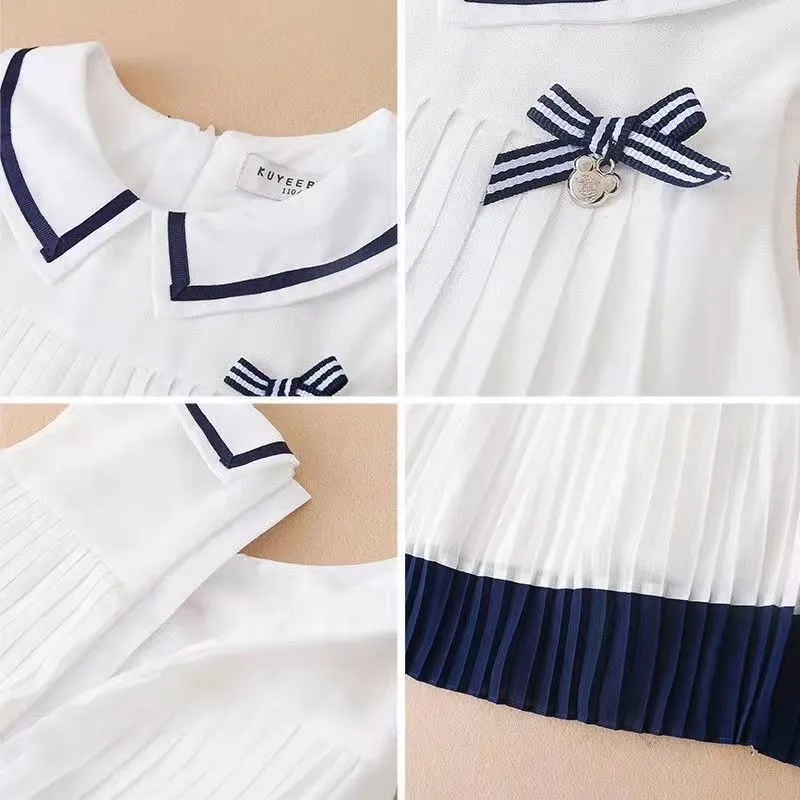 Girls Navy Style Flare Pleats Dress