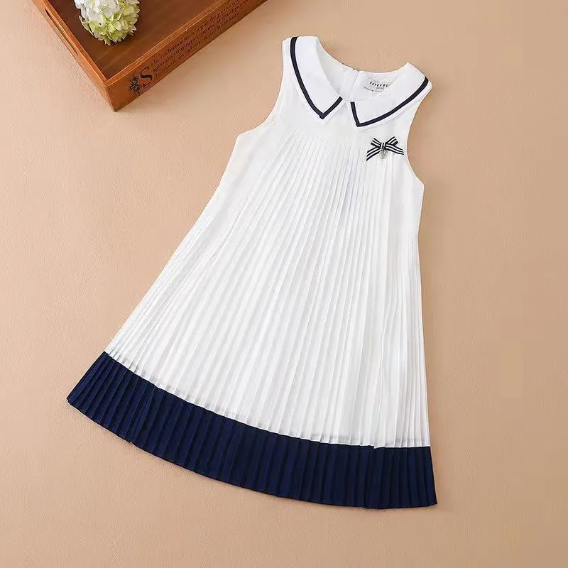 Girls Navy Style Flare Pleats Dress