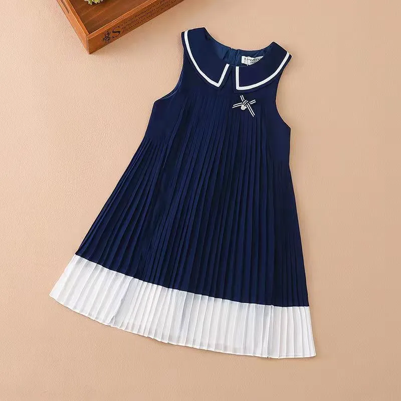 Girls Navy Style Flare Pleats Dress