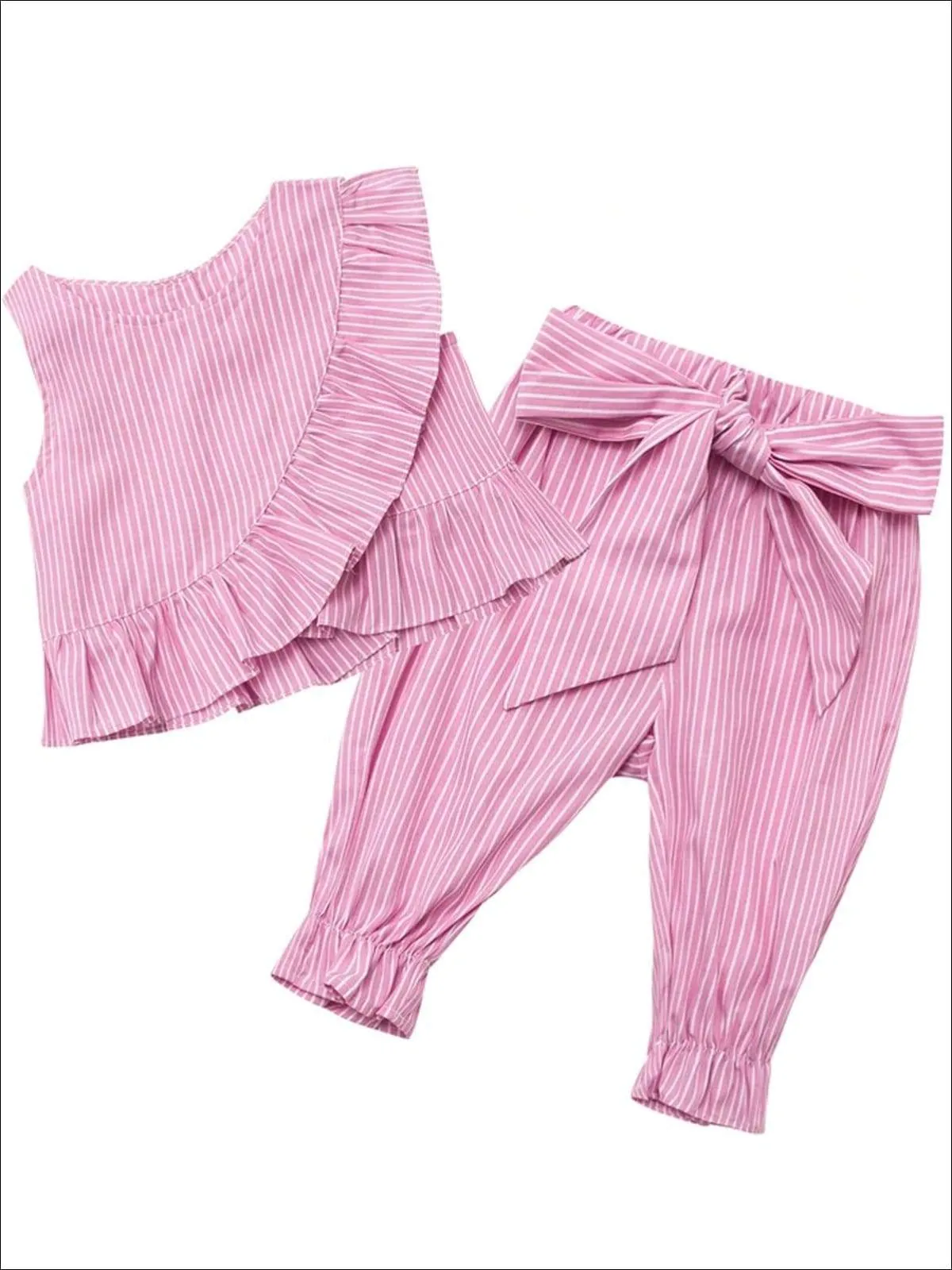 Girls Ruffled Faux Wrap Sleeveless Top & Bow Tie Tapered Pants