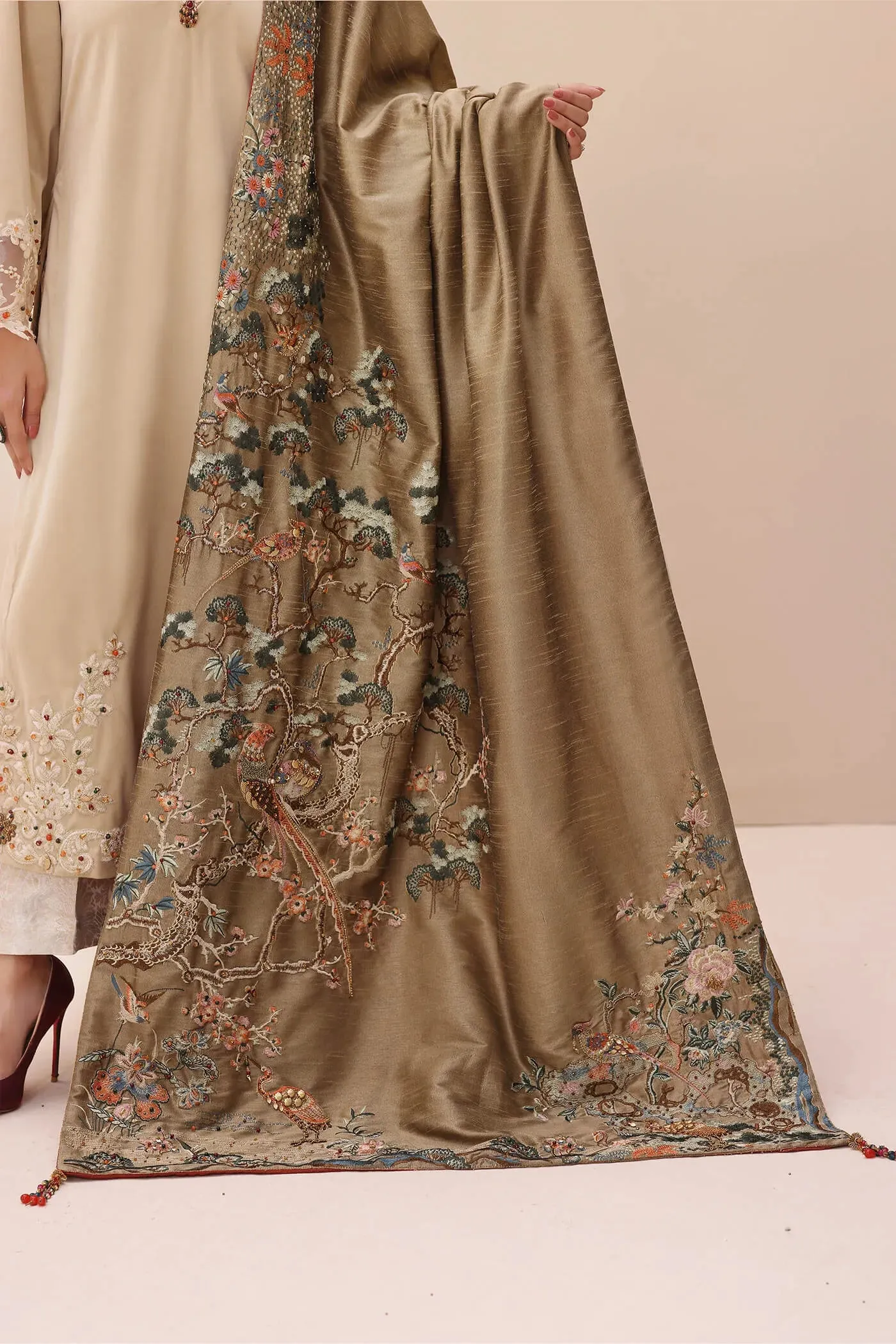 Gold Heavily Embroidered Pakistani Salwar Kameez with Enchanting Shawl