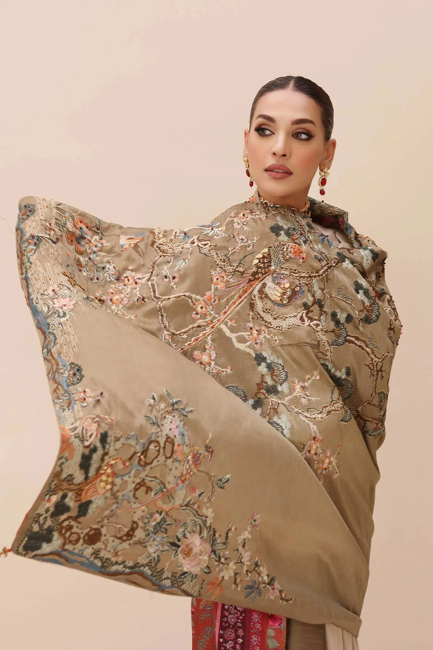 Gold Heavily Embroidered Pakistani Salwar Kameez with Enchanting Shawl