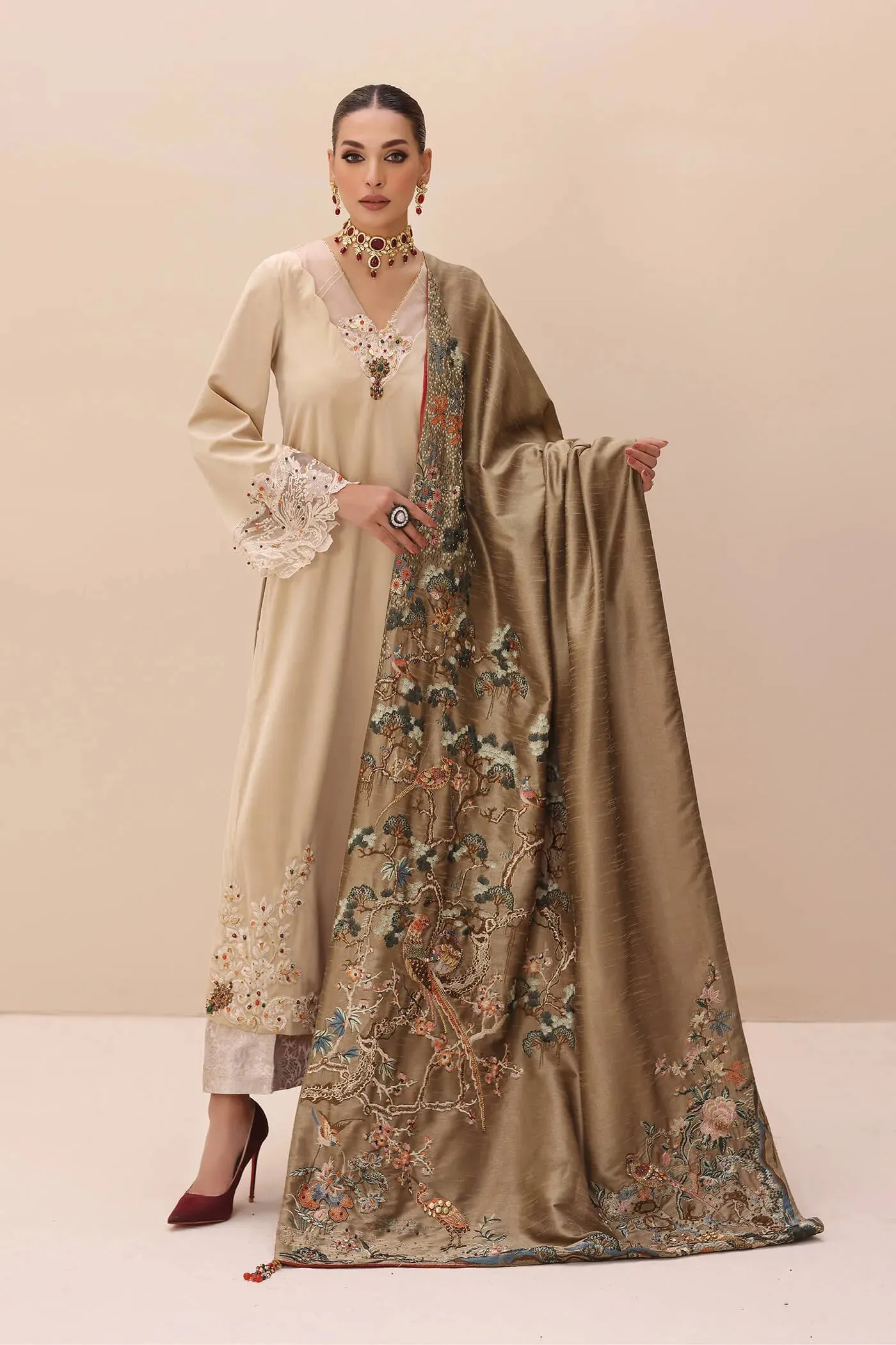 Gold Heavily Embroidered Pakistani Salwar Kameez with Enchanting Shawl