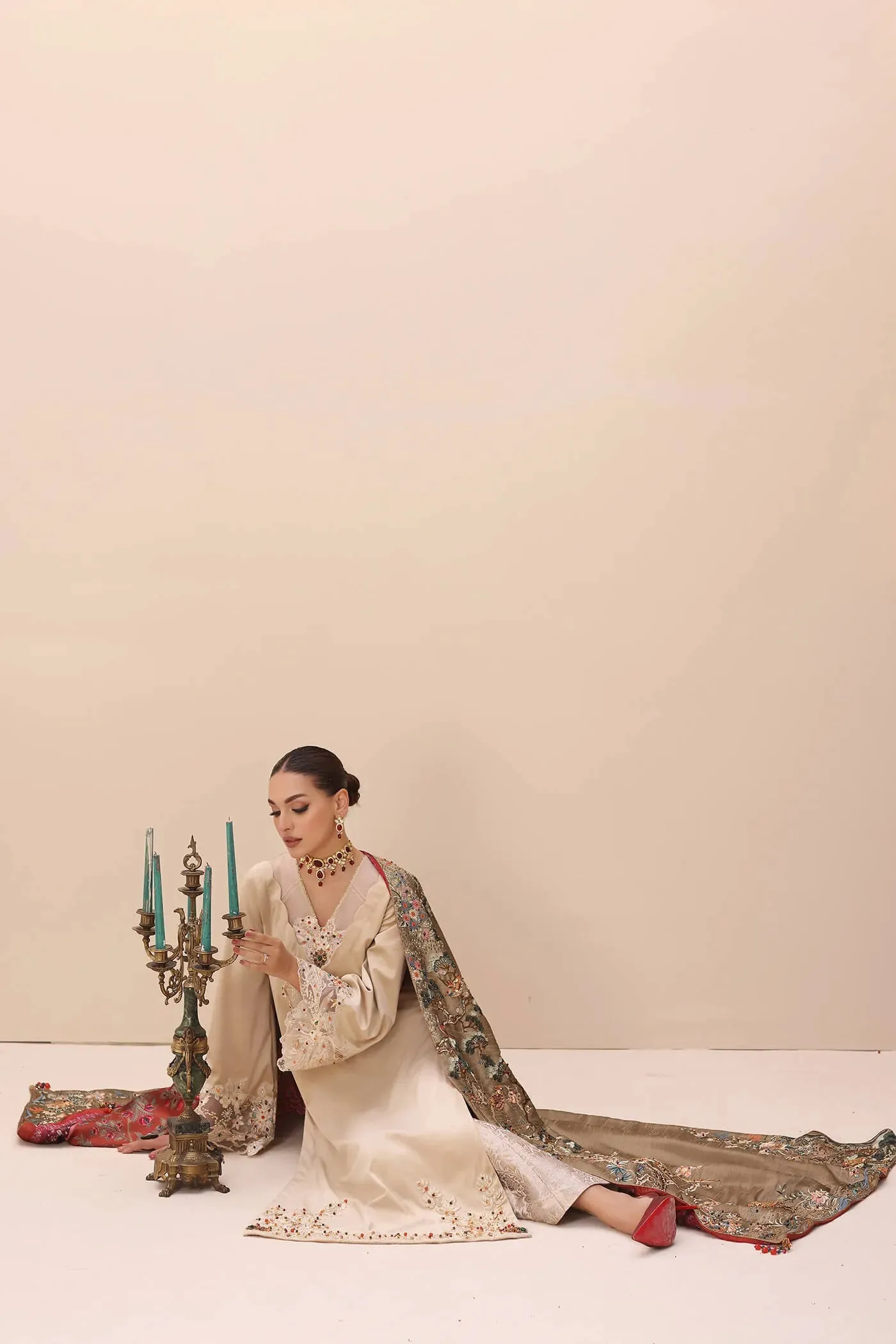 Gold Heavily Embroidered Pakistani Salwar Kameez with Enchanting Shawl