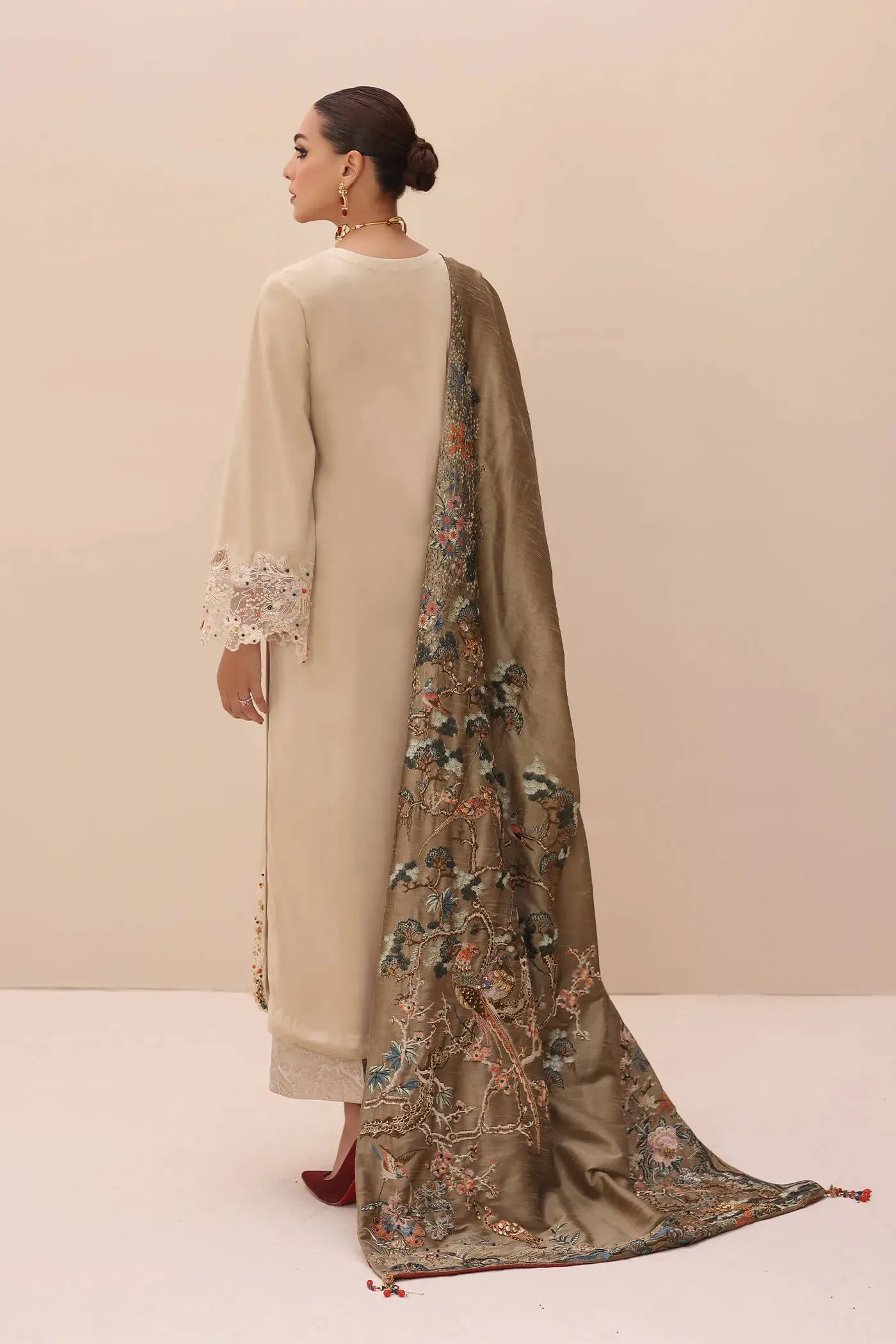 Gold Heavily Embroidered Pakistani Salwar Kameez with Enchanting Shawl