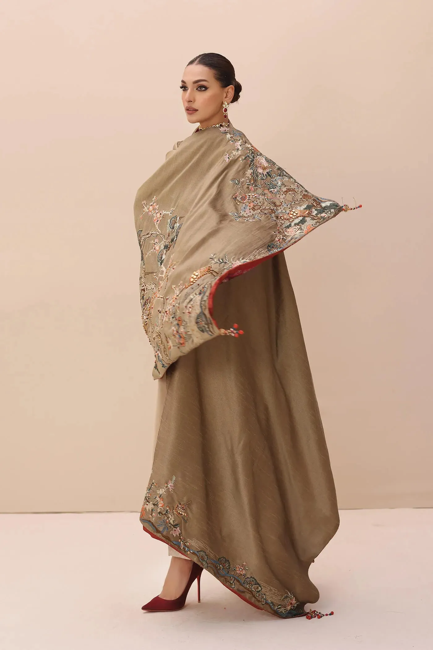 Gold Heavily Embroidered Pakistani Salwar Kameez with Enchanting Shawl