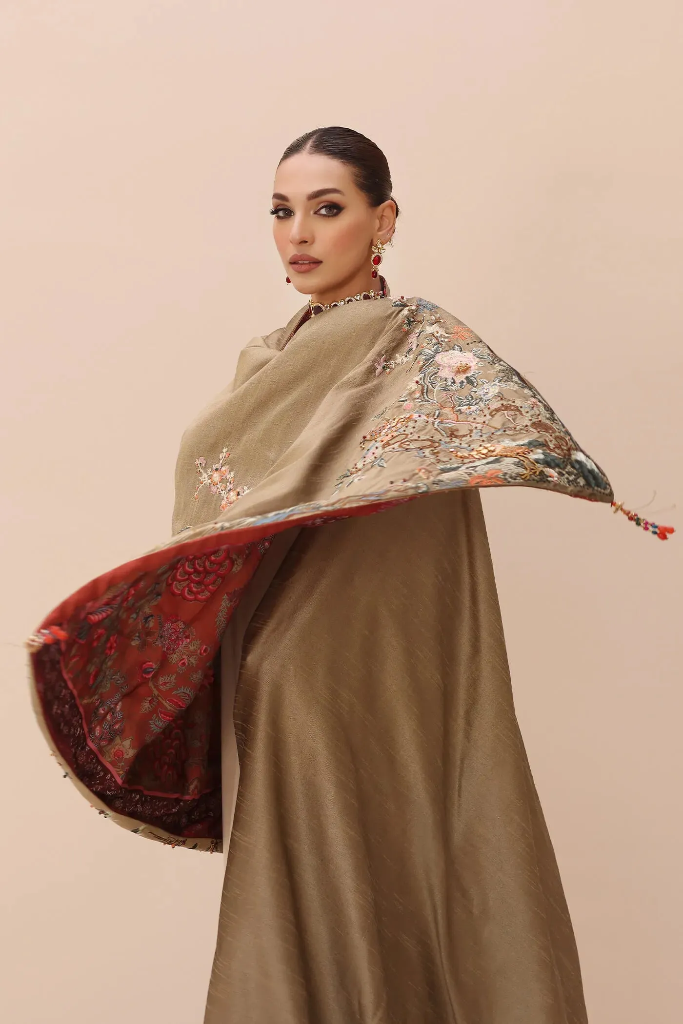 Gold Heavily Embroidered Pakistani Salwar Kameez with Enchanting Shawl