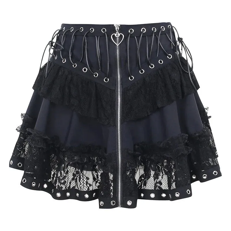 Gothic Skater Punk Vintage High Wasit Skirt Women's Zipper Front Japanese Style Kawaii Black Harajuku Cosplay Mini Skirts