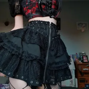 Gothic Skater Punk Vintage High Wasit Skirt Women's Zipper Front Japanese Style Kawaii Black Harajuku Cosplay Mini Skirts