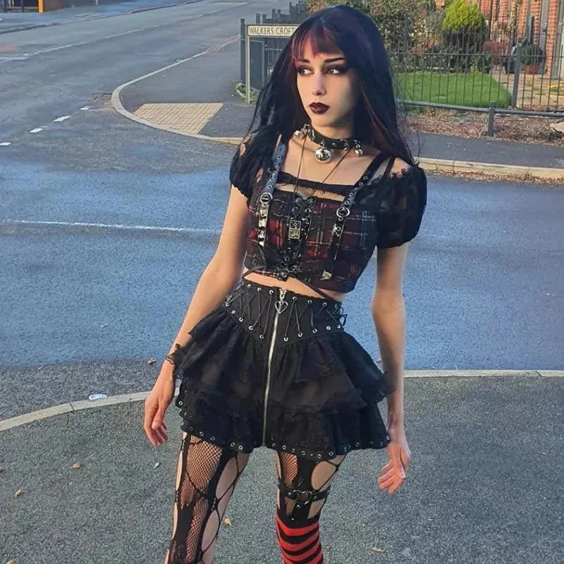 Gothic Skater Punk Vintage High Wasit Skirt Women's Zipper Front Japanese Style Kawaii Black Harajuku Cosplay Mini Skirts