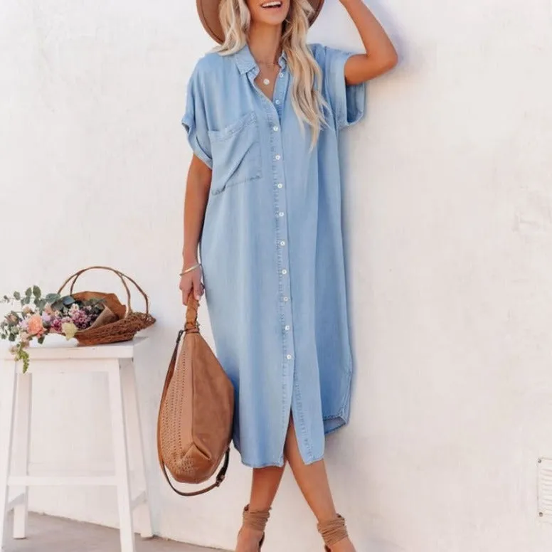 Grace - Short-sleeved denim shirt dress