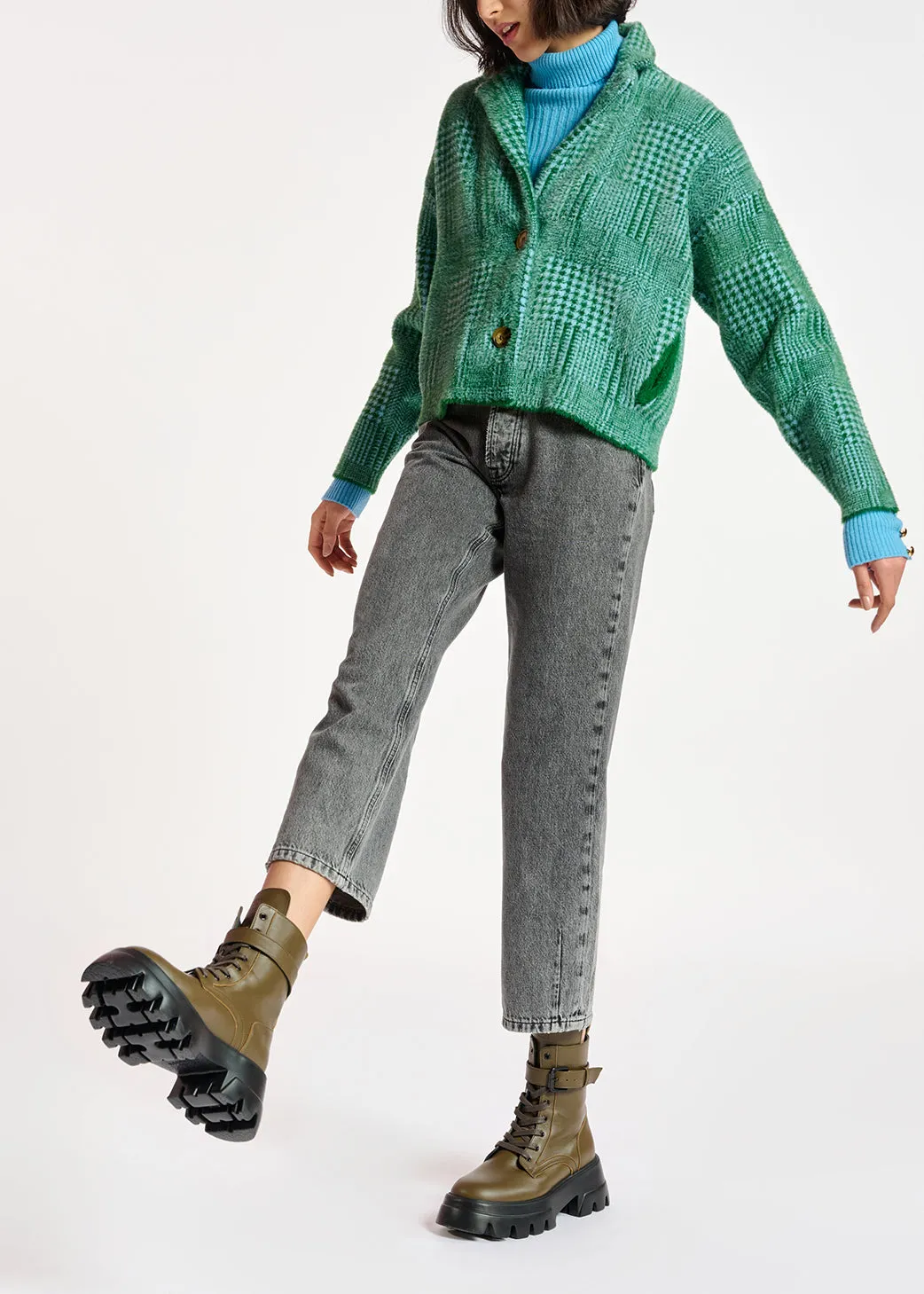 Green and light blue fuzzy knitted jacket