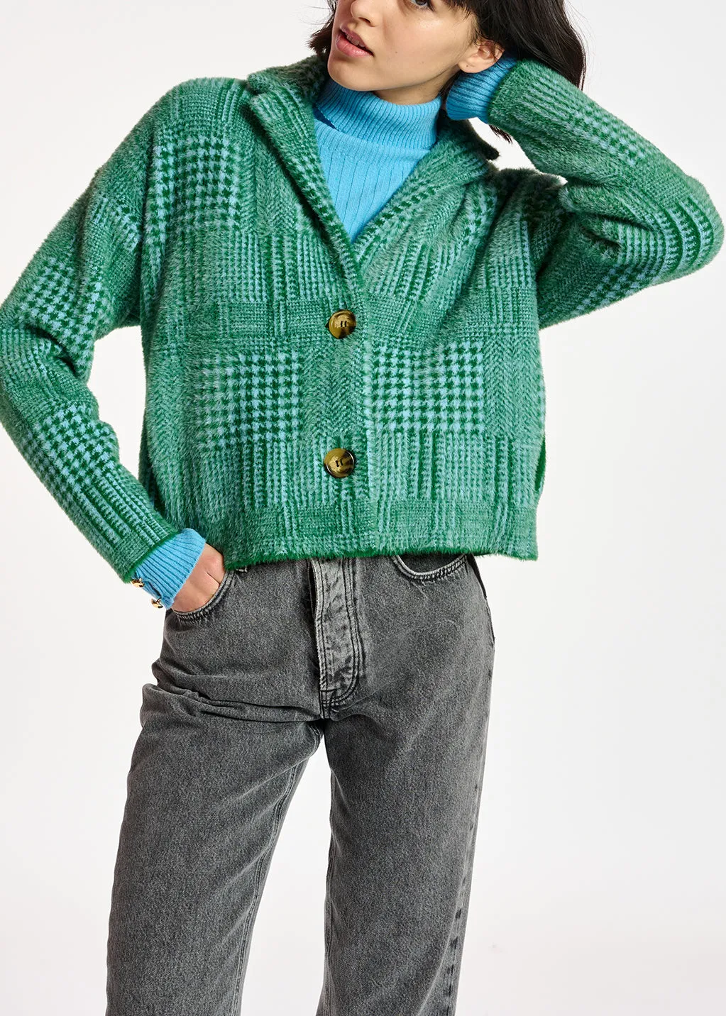 Green and light blue fuzzy knitted jacket