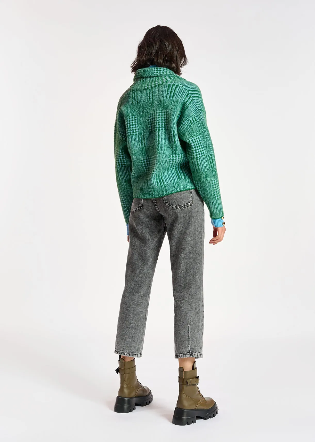 Green and light blue fuzzy knitted jacket