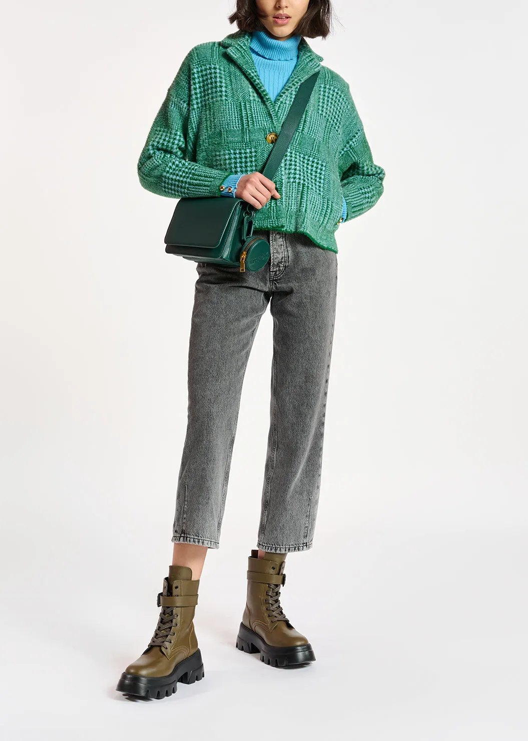 Green and light blue fuzzy knitted jacket