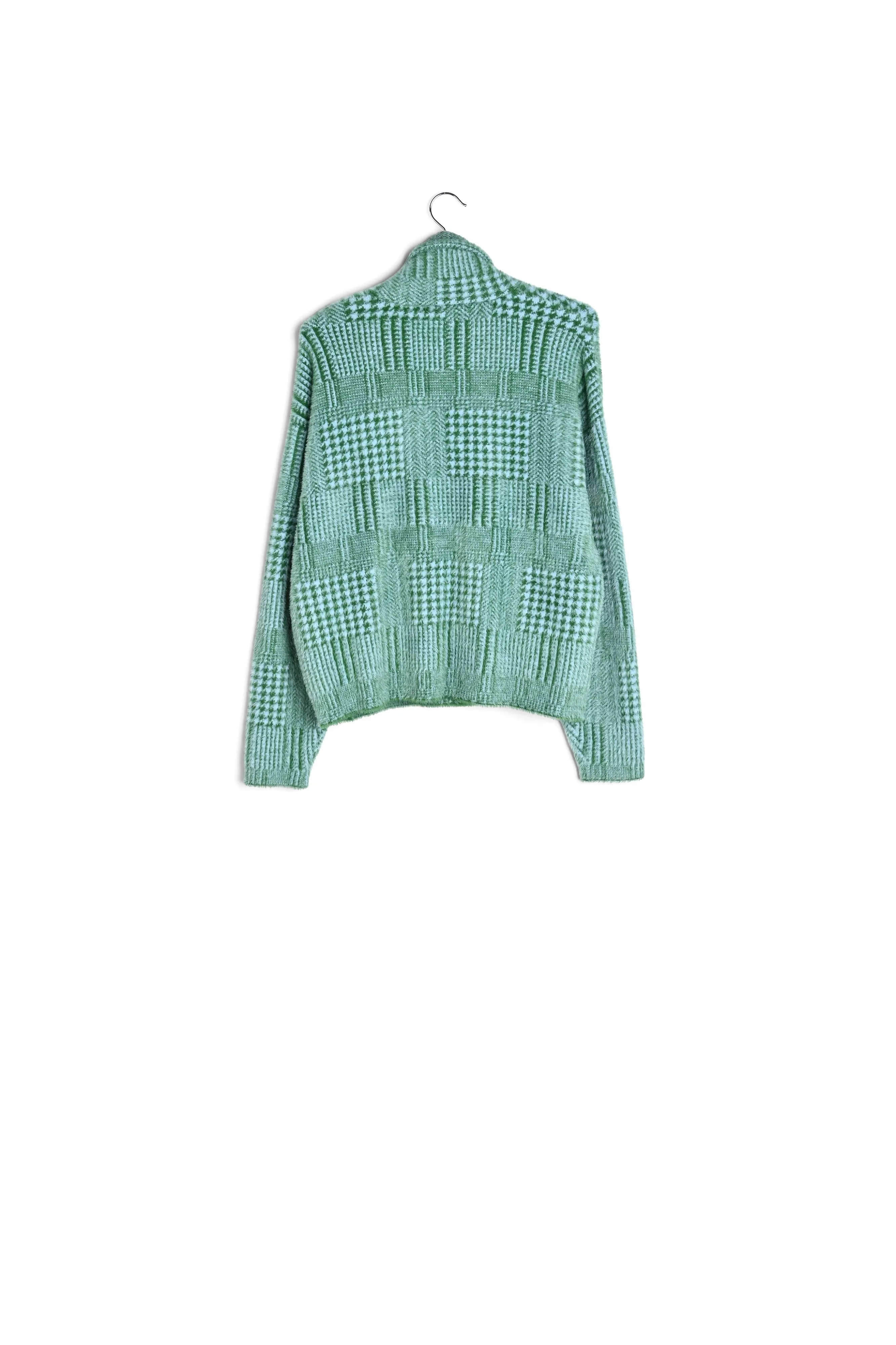 Green and light blue fuzzy knitted jacket
