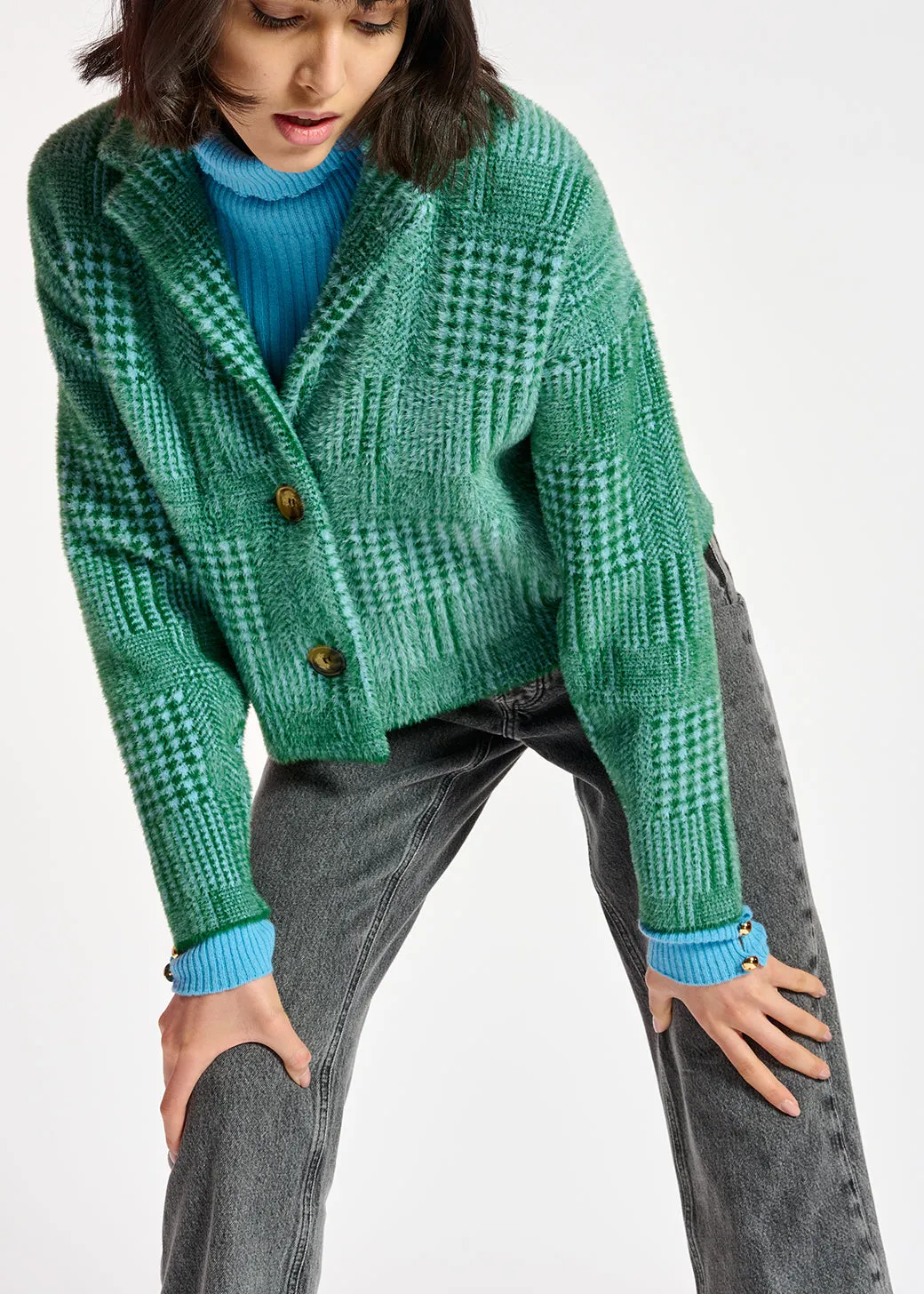 Green and light blue fuzzy knitted jacket