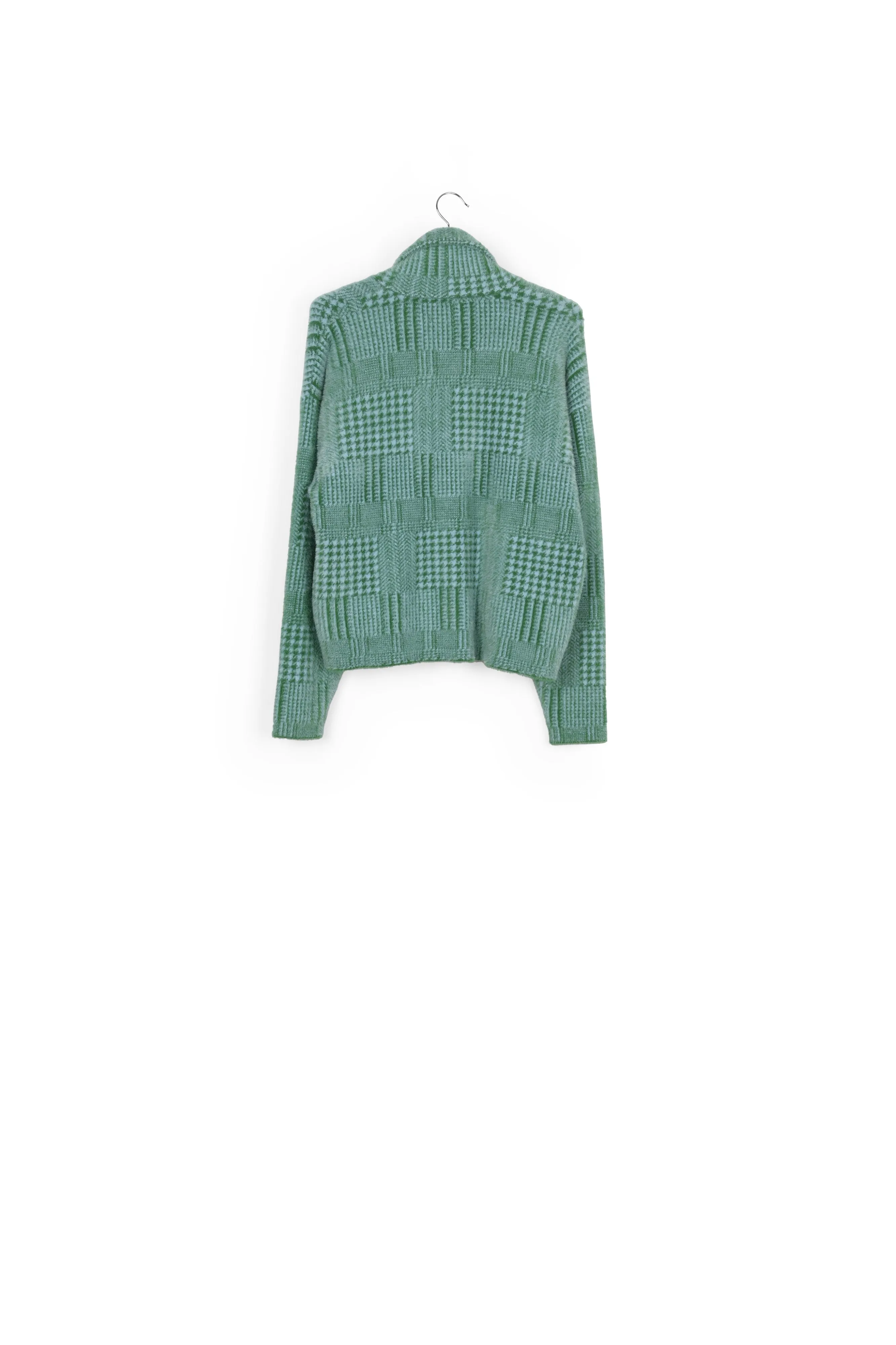 Green and light blue fuzzy knitted jacket