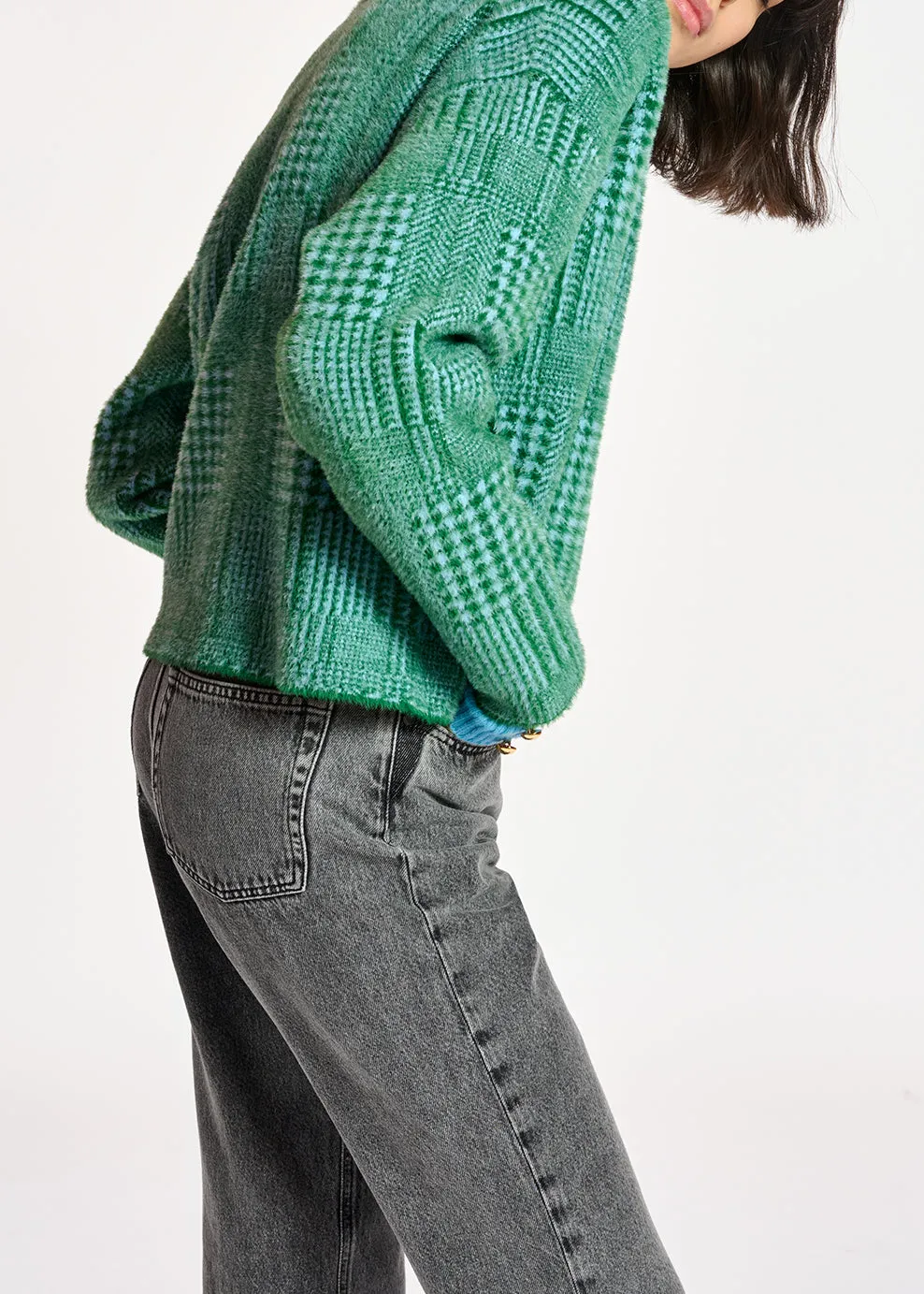 Green and light blue fuzzy knitted jacket