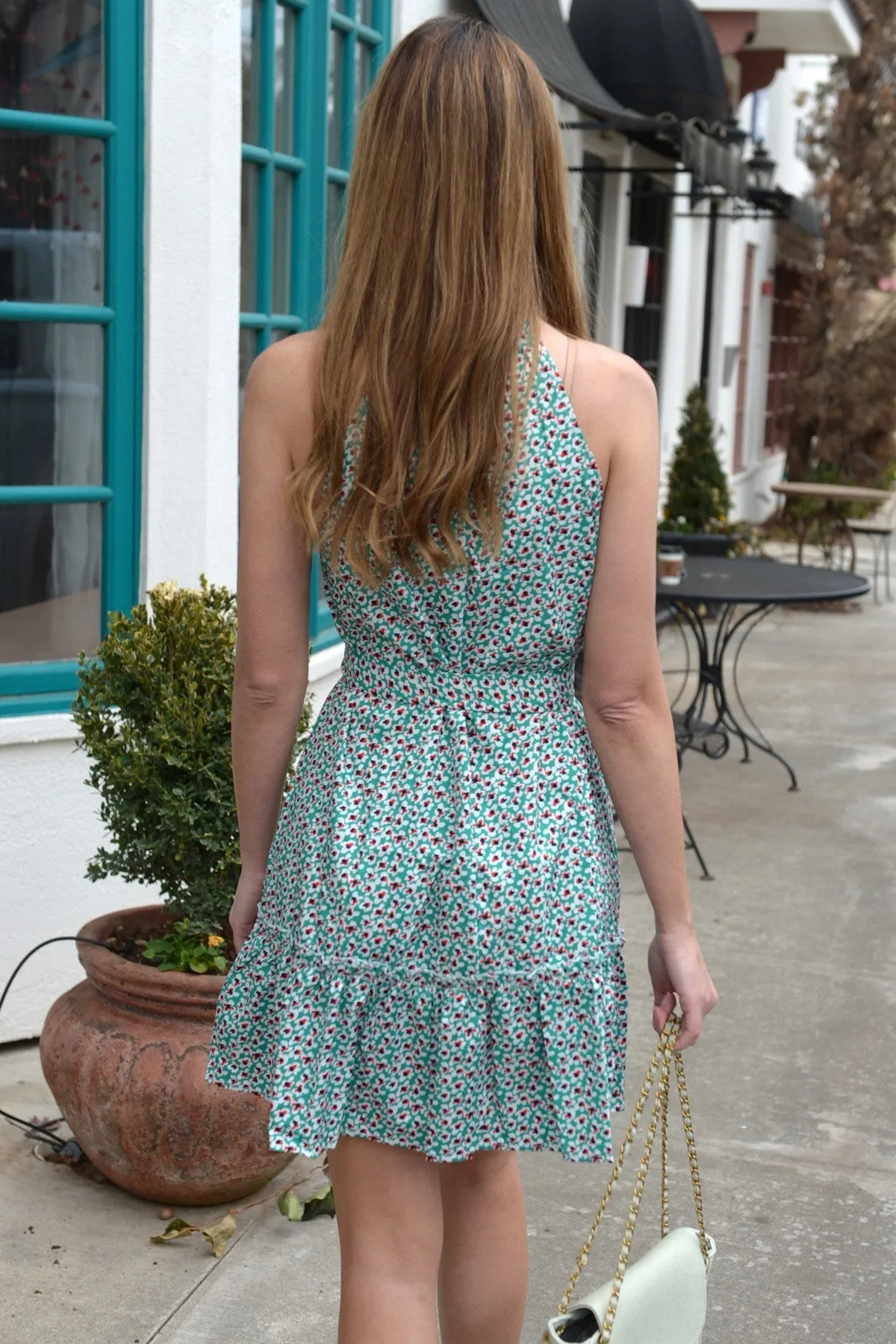 Green Floral Print Sleeveless Mini Dress