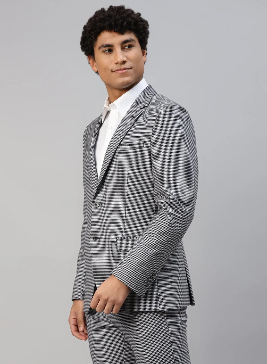 Grey Knit Houndstooth Notch Jacket