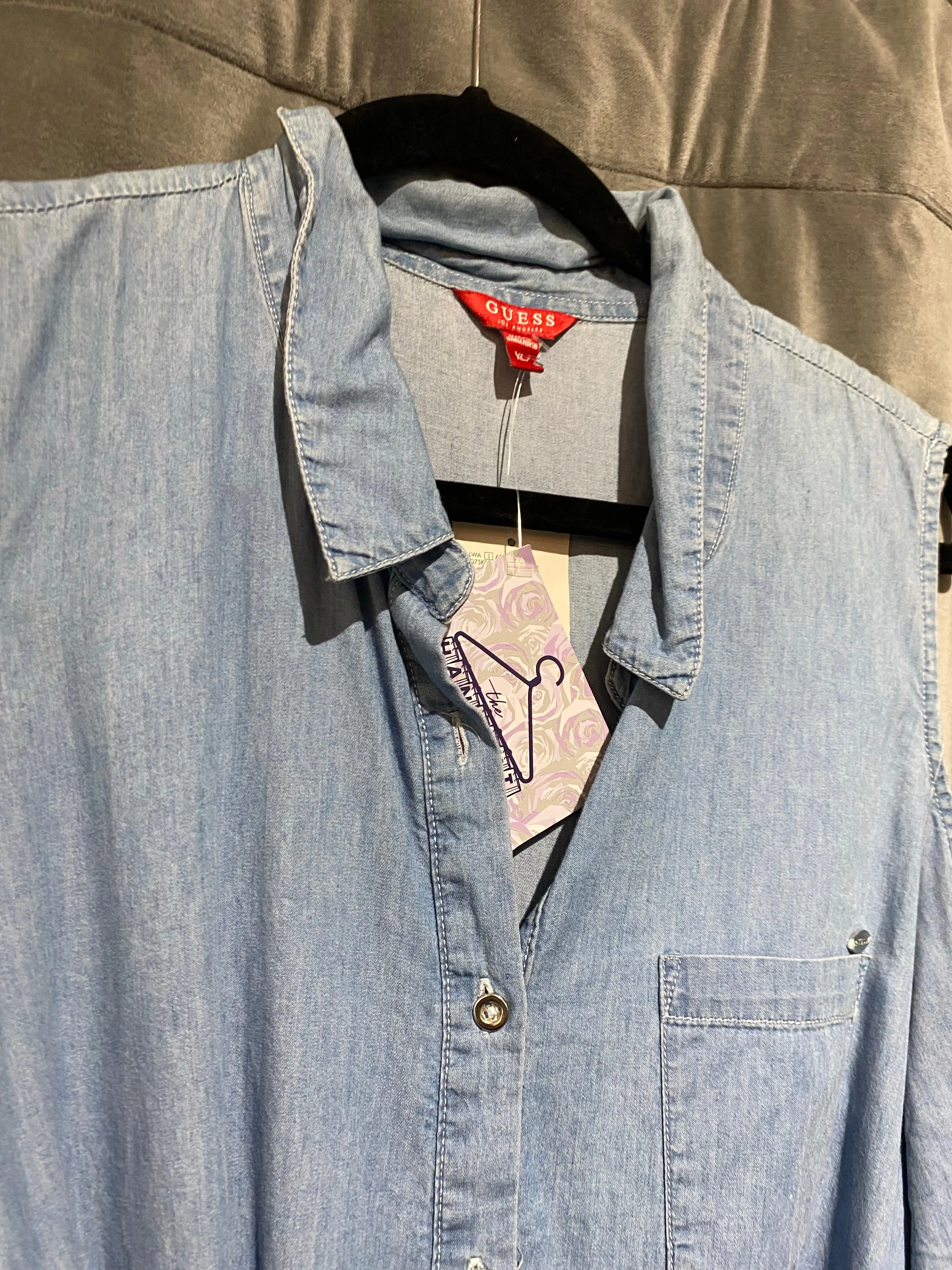 GUESS Lightwash Denim Cold Shoulder Button Down Dress