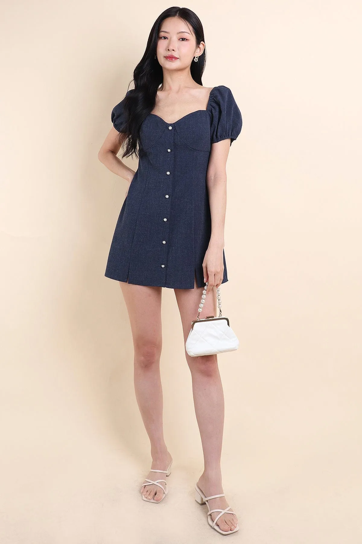 HANNI POOF SLEEVE DRESS IN DENIM