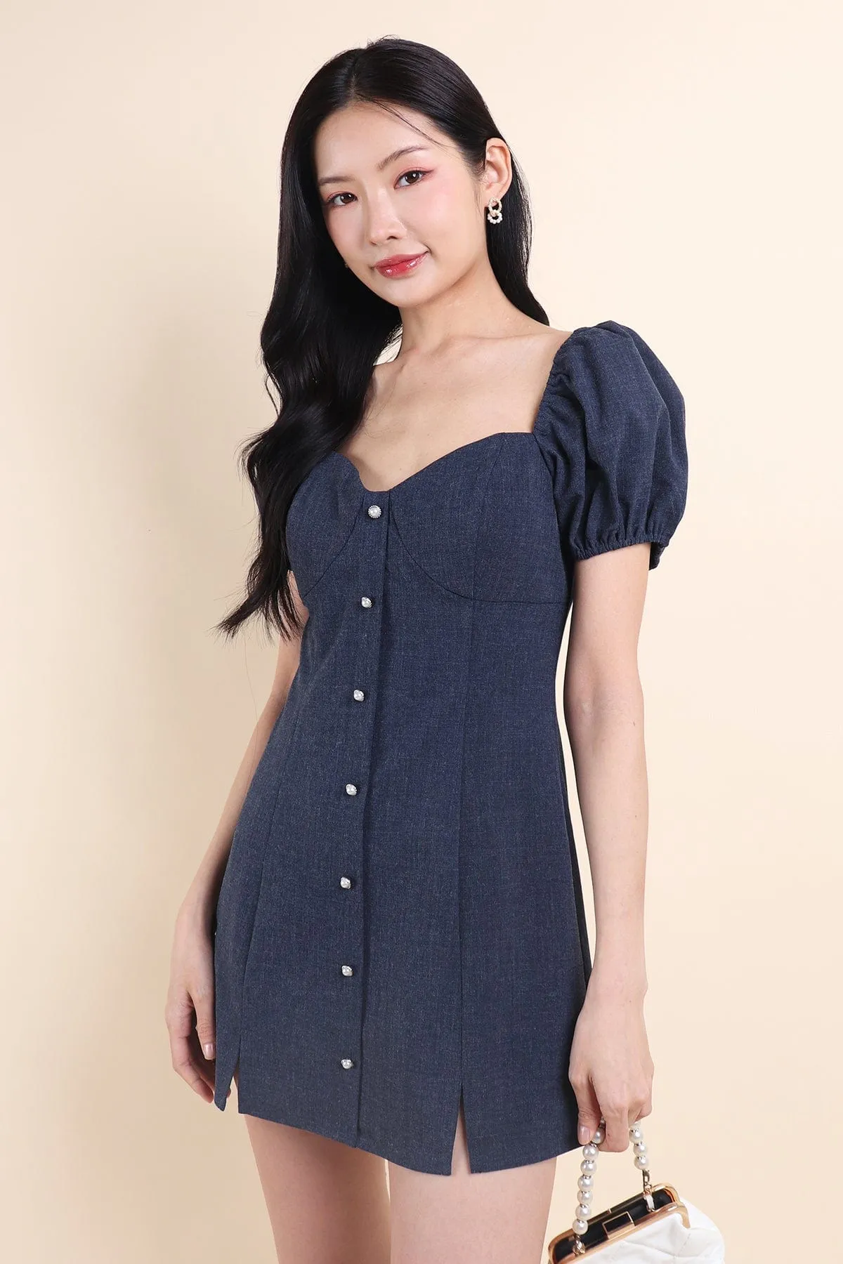 HANNI POOF SLEEVE DRESS IN DENIM
