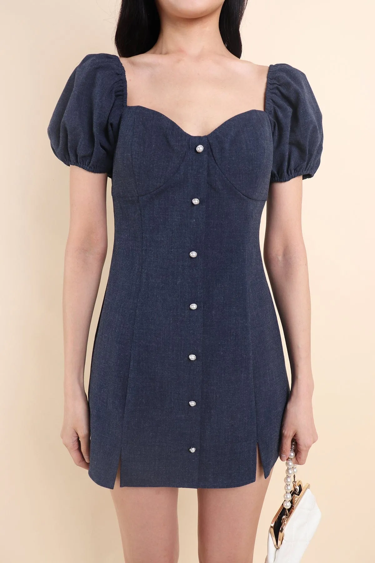 HANNI POOF SLEEVE DRESS IN DENIM