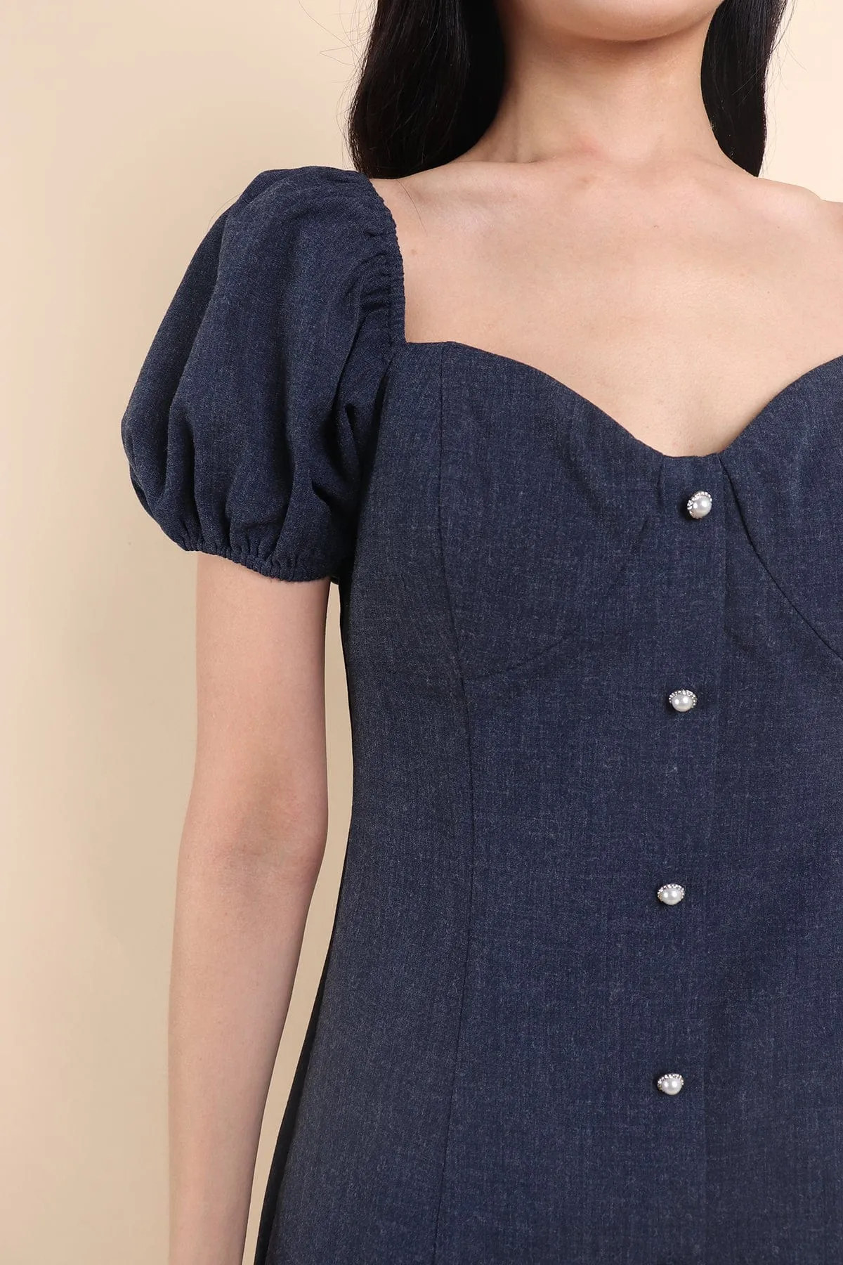 HANNI POOF SLEEVE DRESS IN DENIM
