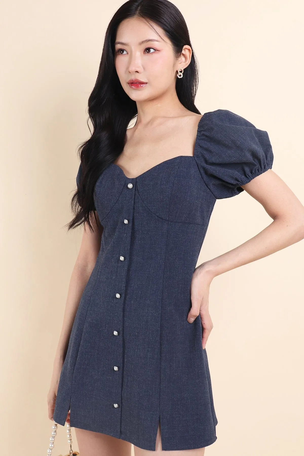 HANNI POOF SLEEVE DRESS IN DENIM