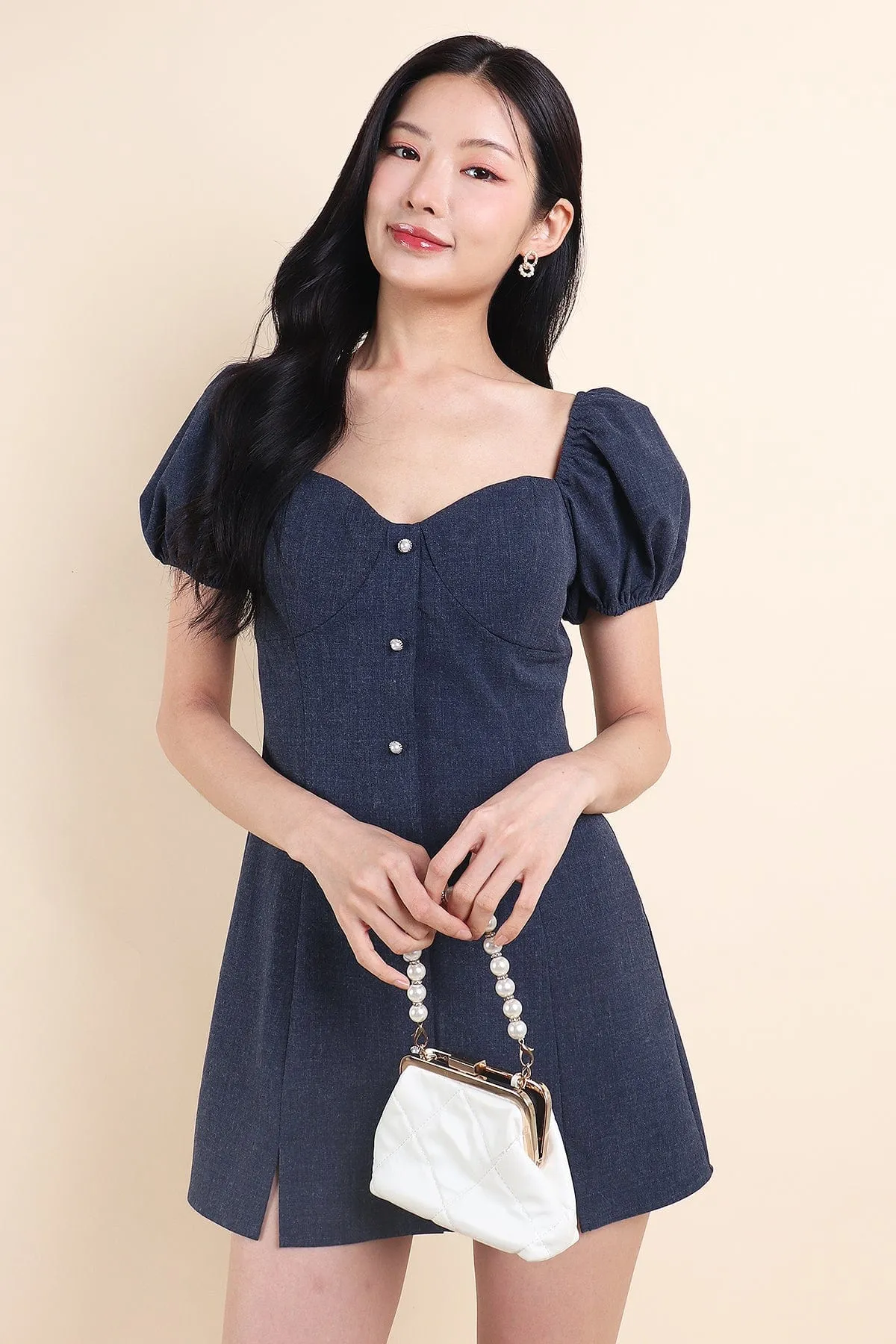 HANNI POOF SLEEVE DRESS IN DENIM