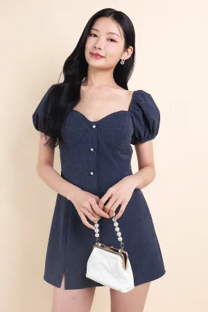 HANNI POOF SLEEVE DRESS IN DENIM