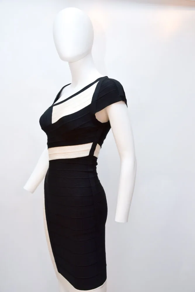 Herve Leger Black and White Cap Short Sleeve Bandage Dress