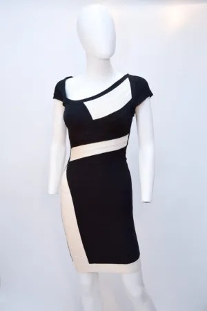 Herve Leger Black and White Cap Short Sleeve Bandage Dress
