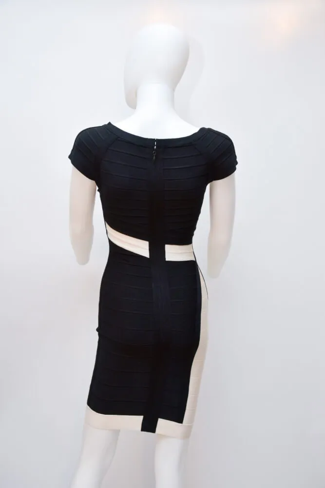 Herve Leger Black and White Cap Short Sleeve Bandage Dress
