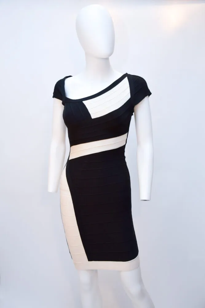 Herve Leger Black and White Cap Short Sleeve Bandage Dress
