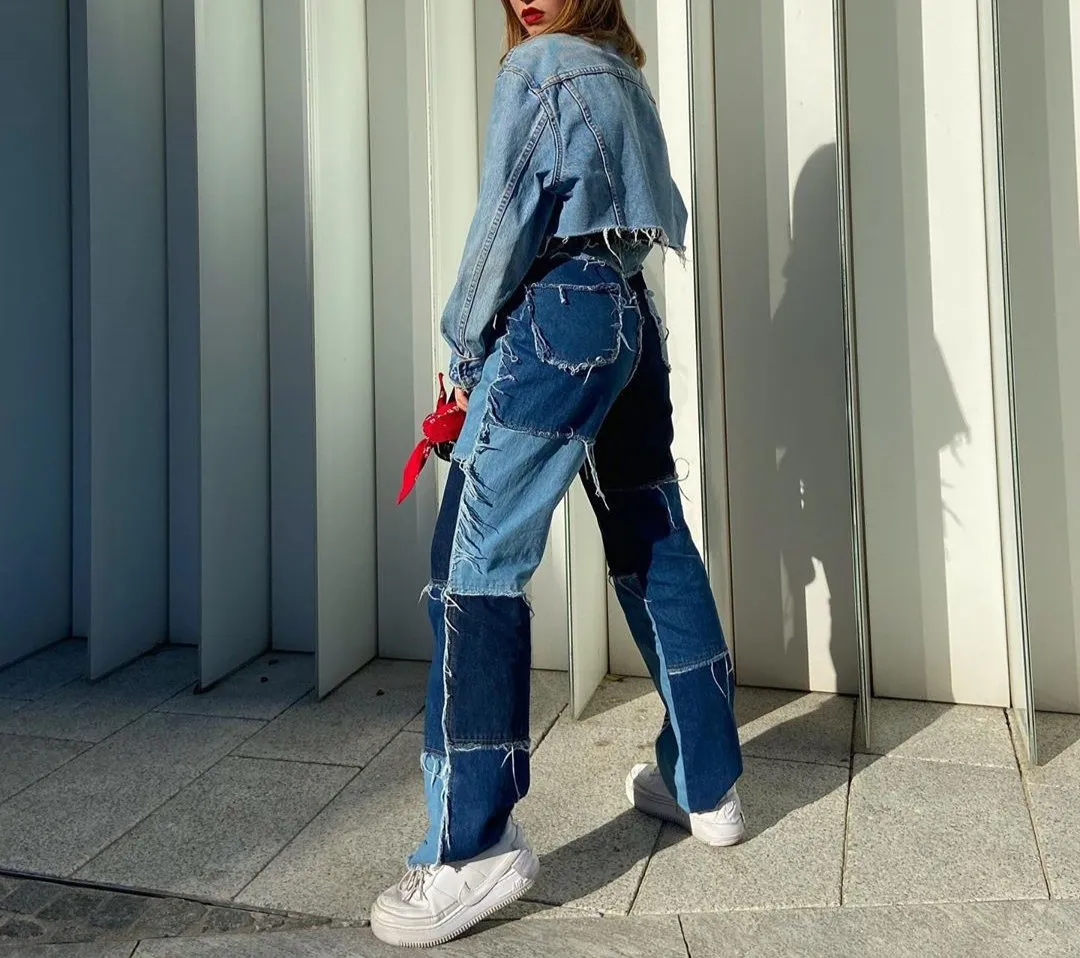 High-rise colorblock slim-fit straight-leg jeans