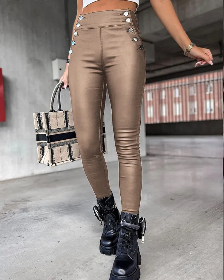 High Waist PU Leather Slim Fit Pants