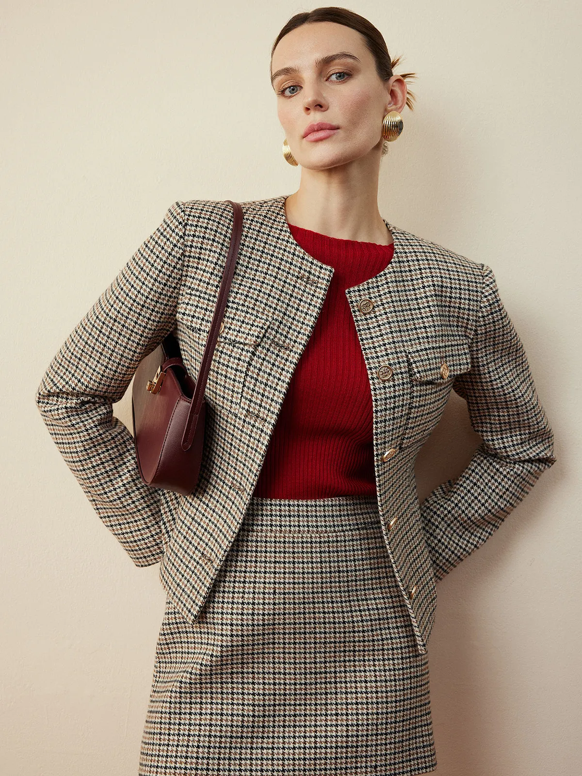 Houndstooth Button Short Jacket