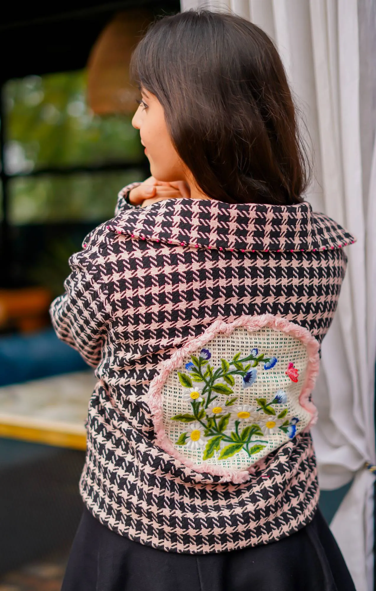 Houndstooth Jacket with Floral Embroidered Patch for Women