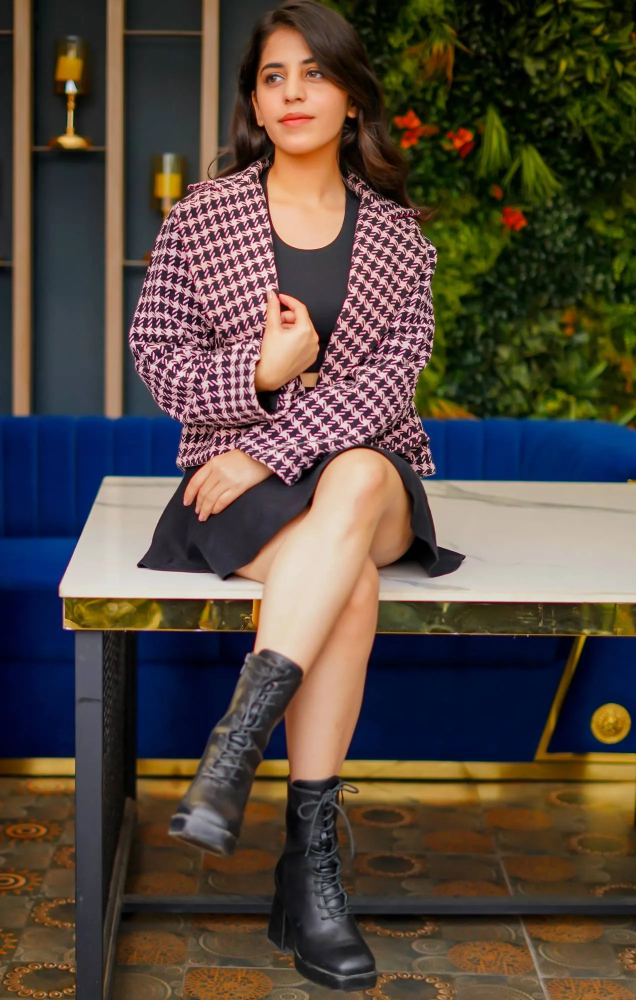 Houndstooth Jacket with Floral Embroidered Patch for Women