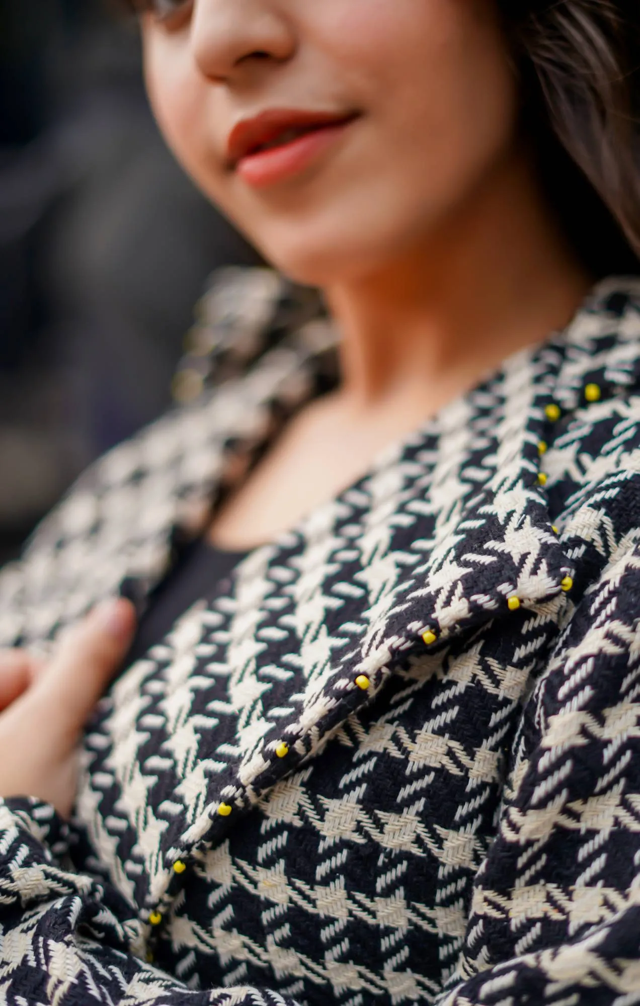 Houndstooth Jacket with Floral Embroidered Patch for Women